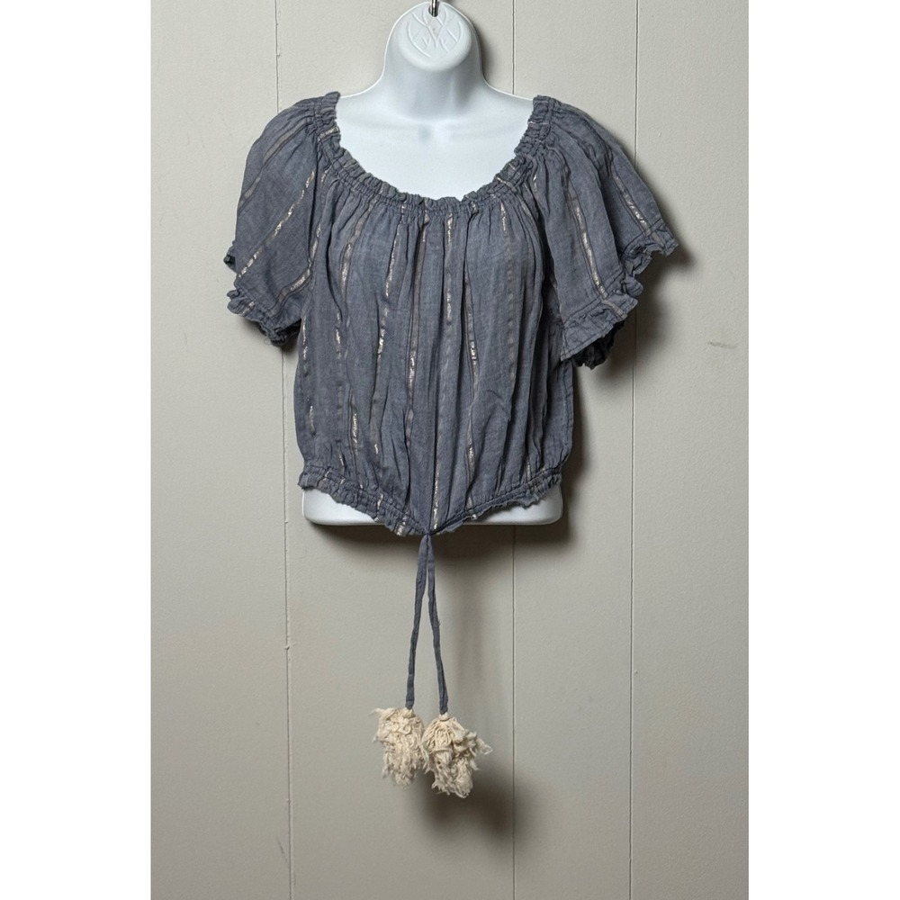 Womens Boho Metallic Striped Off Shoulder Tassel Crop Top Blue Silver Size Large